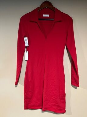 Babaton Red Long-Sleeve V-Neck Mini Dress